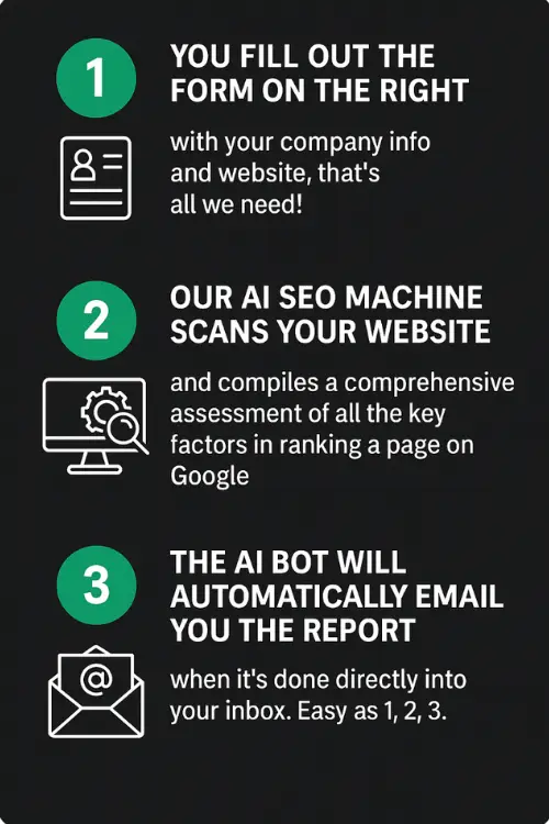 infographic of 3 step AI SEO Audit by Sierra Exclusive industries
