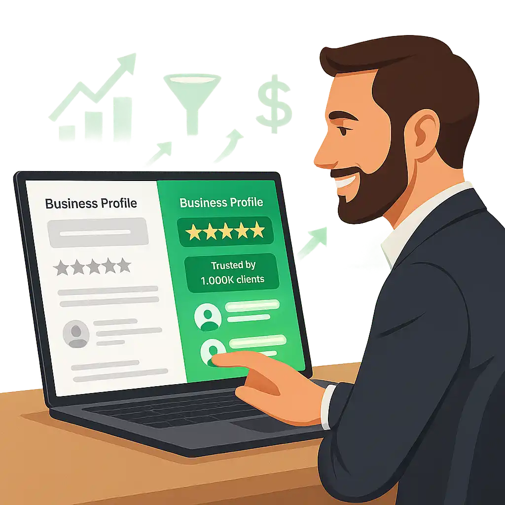 "Smiling professional points to a laptop displaying a 5-star online business profile trusted by clients.