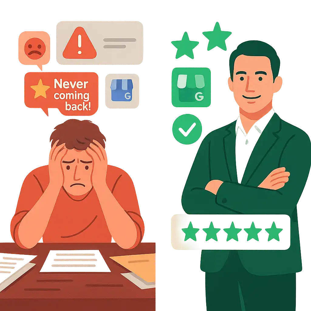 "Illustration contrasting poor and strong business reputations. A sad, frustrated person sits near negative feedback. A smiling, confident person stands by five-star ratings and a positive Google Business Profile icon.