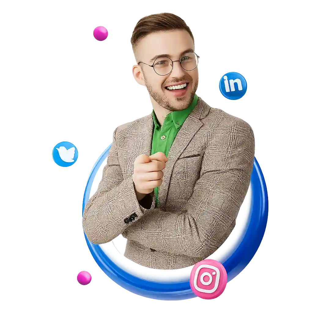 Confident professional pointing, symbolizing effective Meta Ads strategies and social media marketing.