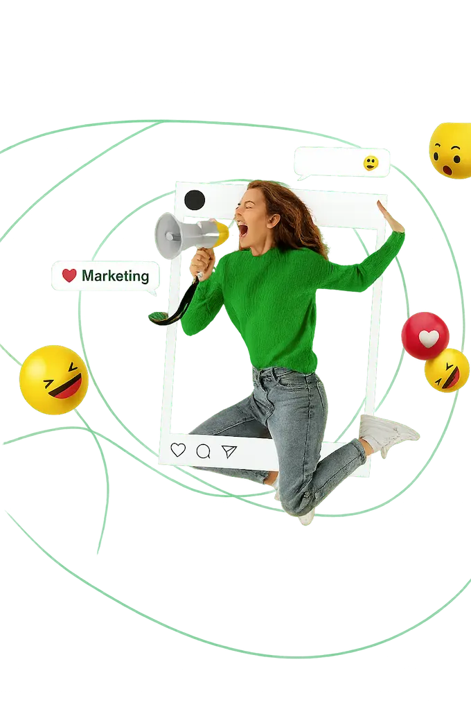 Energetic woman jumping out of a social media frame with a megaphone, symbolizing viral Meta Ads and powerful digital marketing.