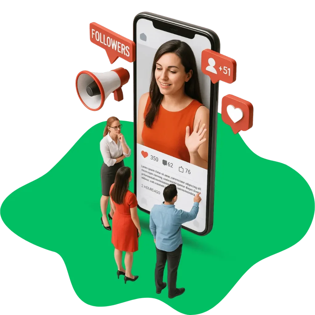 People interacting with a social media influencer on a phone screen, surrounded by engagement metrics