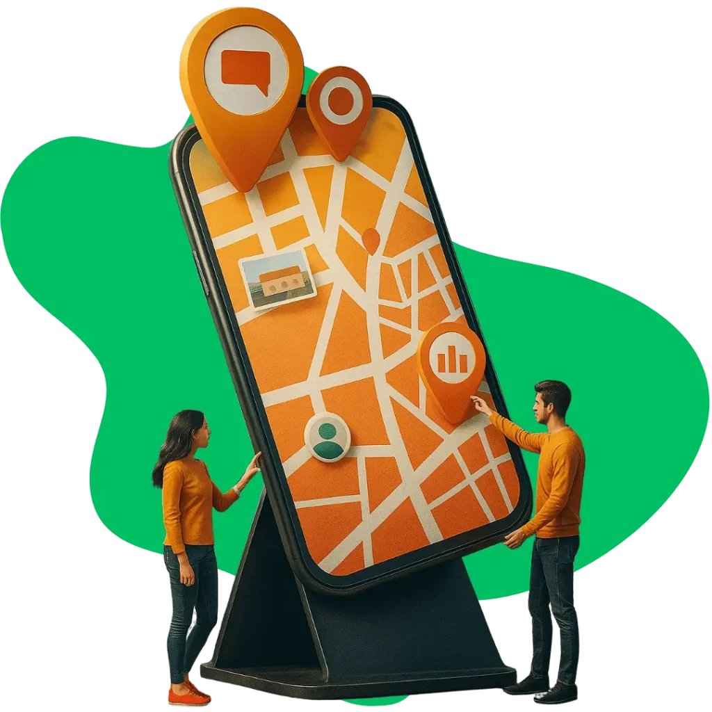 A man and a woman interacting with a large map on a smartphone, representing Google Business Profile and local search.