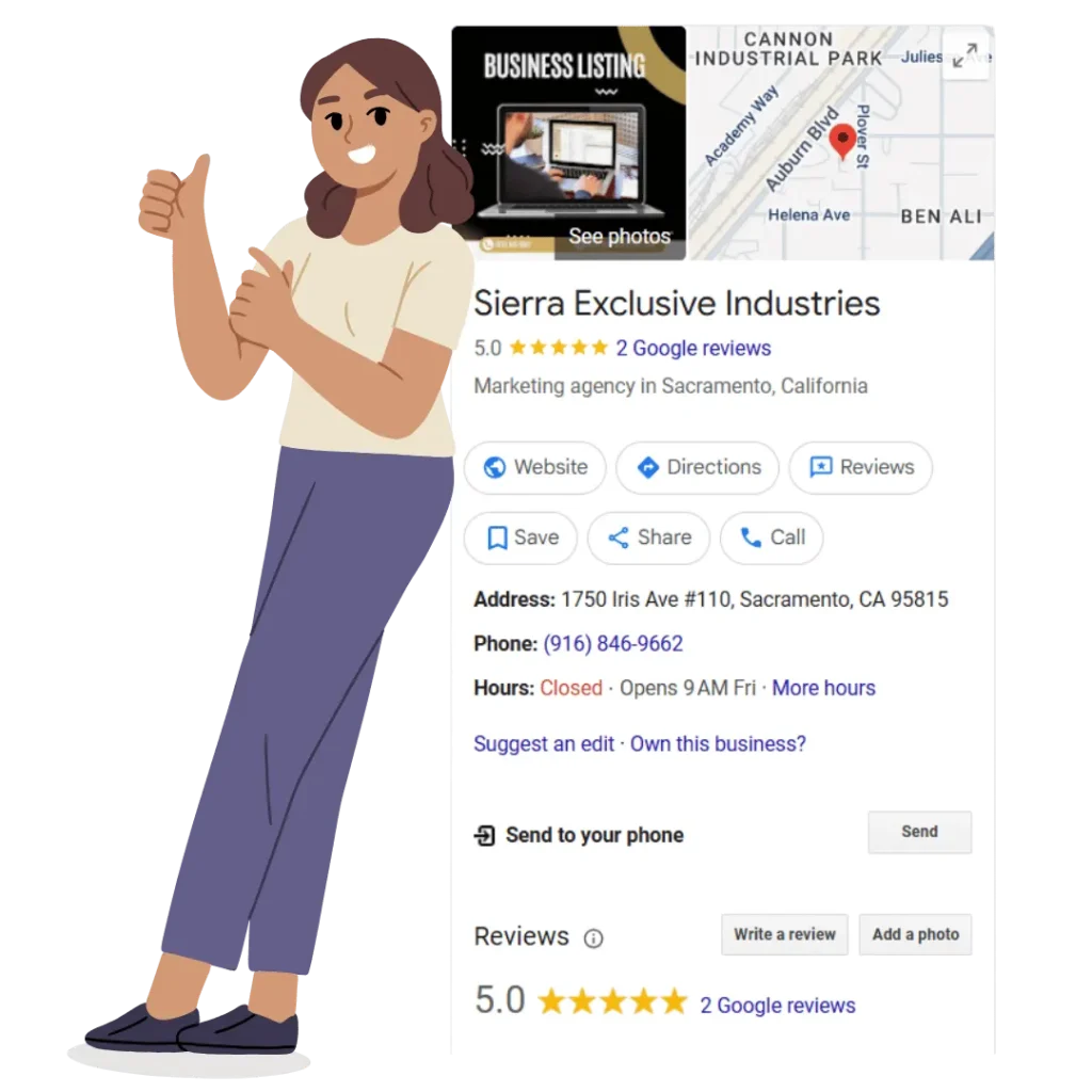 Woman giving thumbs-up beside a top-rated Google My Business listing, showcasing excellent online reputation and customer reviews.