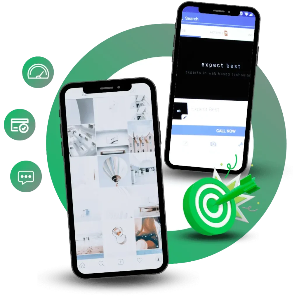 Two mobile phones, one showing an Instagram-like feed of images and the other a search ad with a "Call Now" button, accompanied by icons for fast loading, content optimization, and a target with an arrow