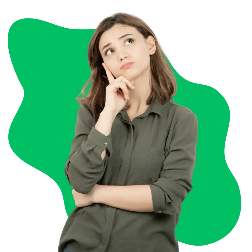 A thoughtful young woman with short brown hair, looking upwards with a hand on her chin, representing the process of brainstorming or thinking of new content ideas.