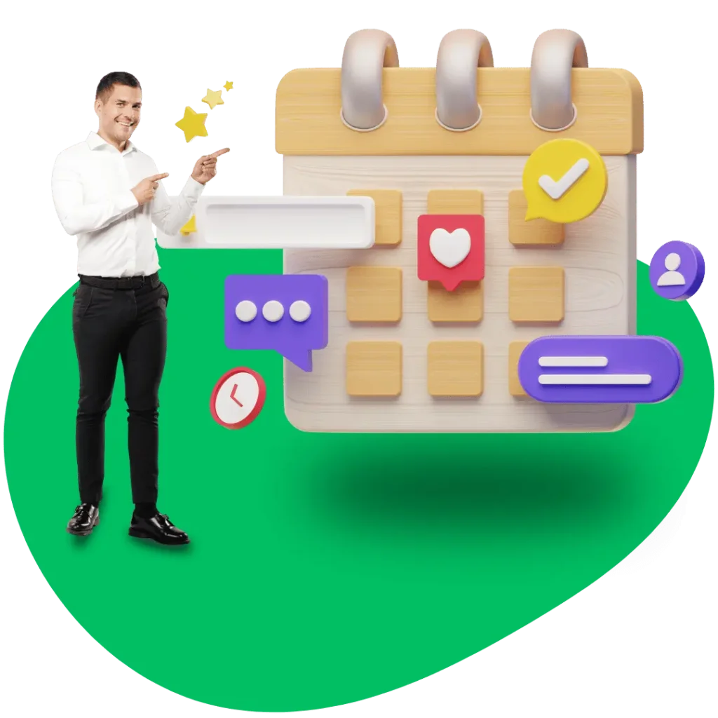 A man in a white shirt and black pants points to a large calendar with social media icons and a chat bubble