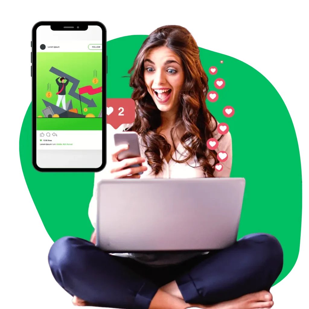 Excited woman reacting to social media success on phone and laptop, surrounded by likes, symbolizing effective Meta Ads results.