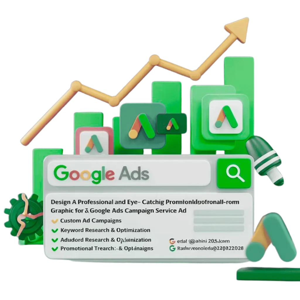 Graphic illustrating Google Ads search bar with rising performance charts and listed services for ad campaigns, keyword research, and optimization