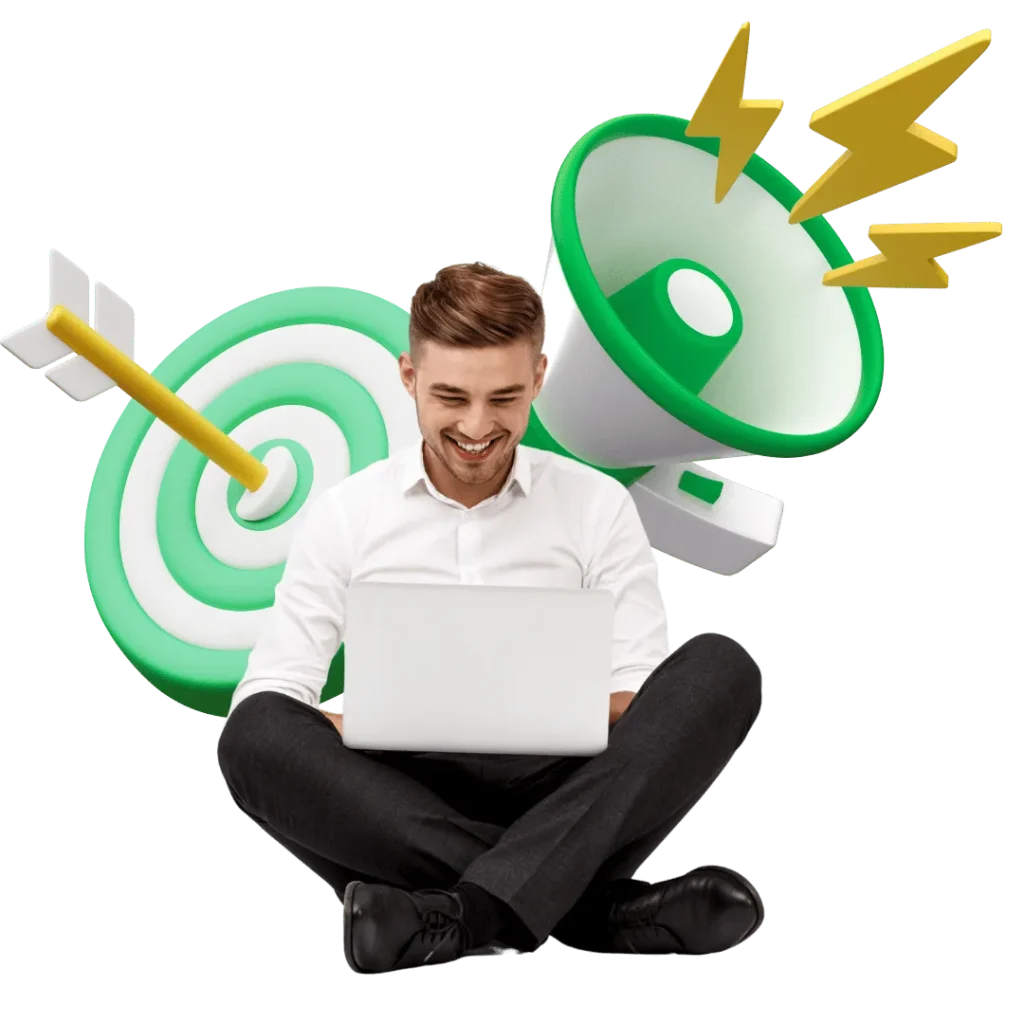 Smiling man on laptop with a bullseye target and a megaphone, symbolizing targeted Google Ads campaigns and effective digital advertising outreach