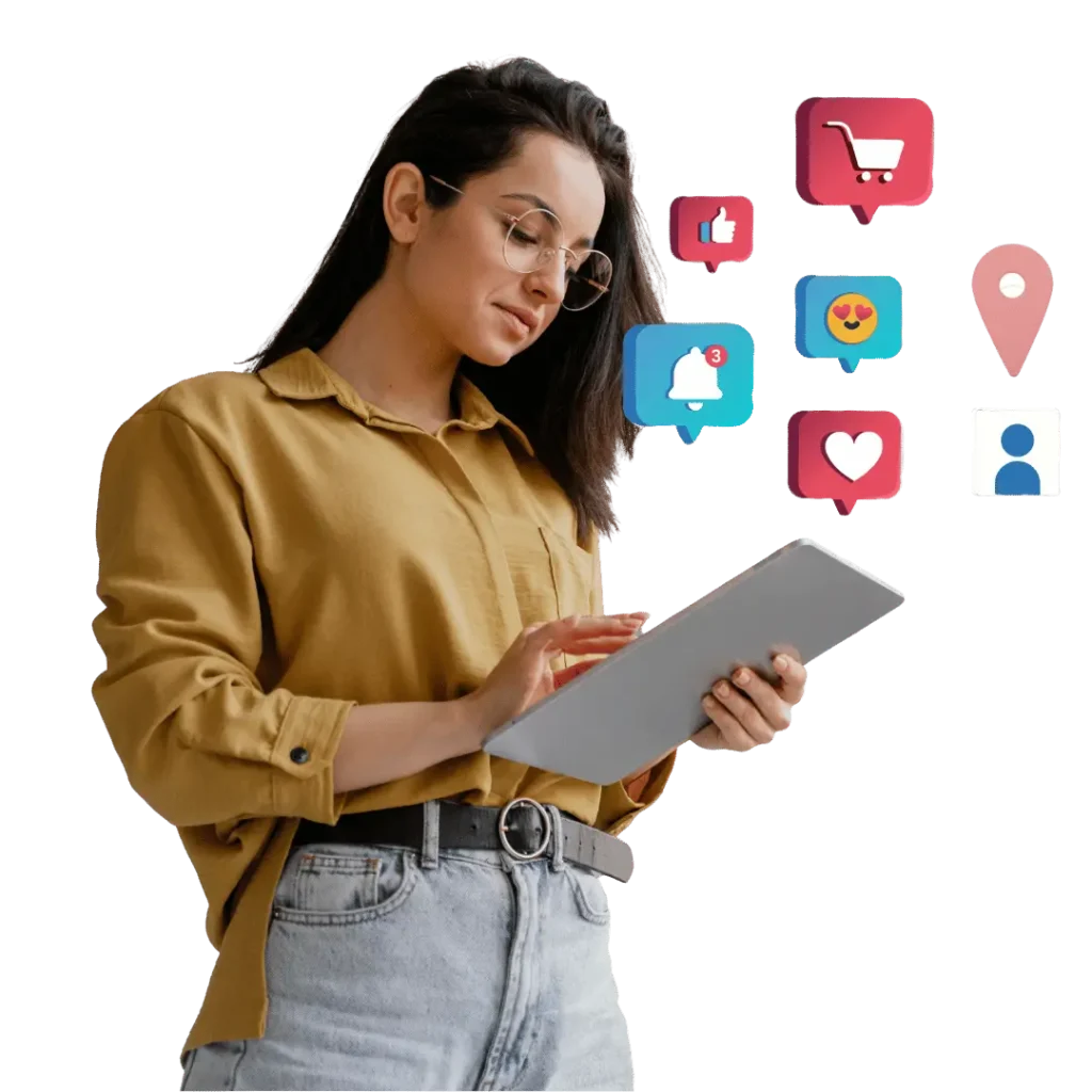 Woman interacting with a tablet, surrounded by floating social media and notification icons