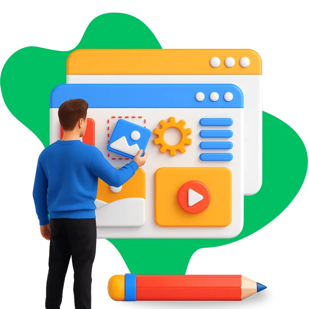 A 3D illustration of a person in a blue shirt adjusting an image on a web browser interface with various content elements like text boxes, a video player, and a settings gear