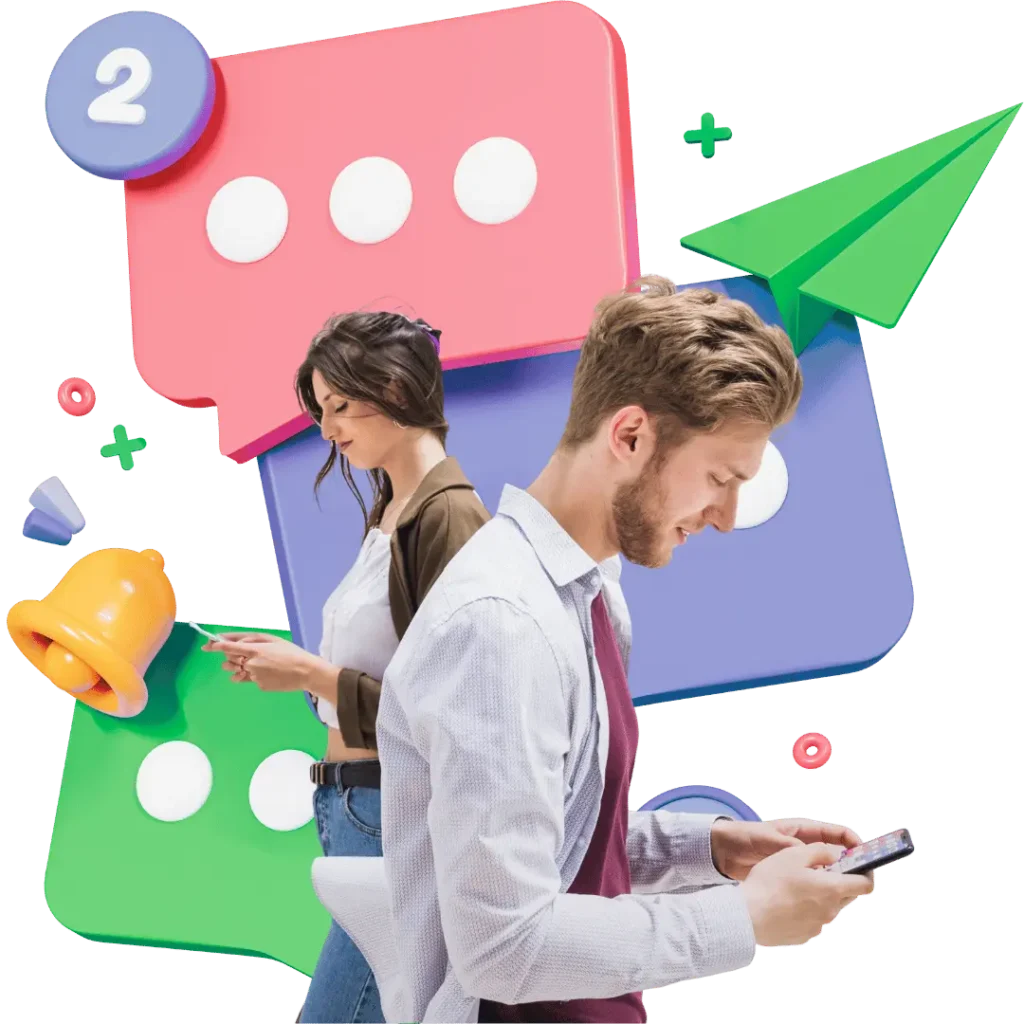 Graphic depicting modern digital communication with chat bubbles, notifications, and individuals on phones