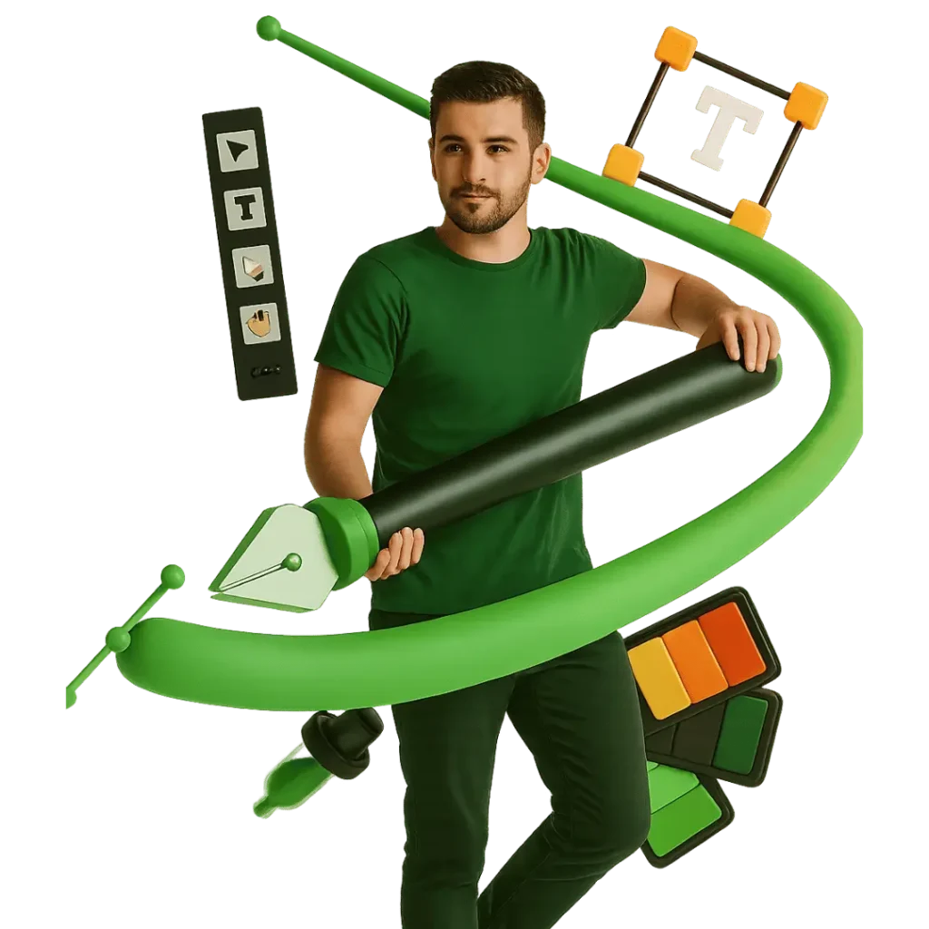 A confident man in a green t-shirt holding a large 3D design pen, surrounded by digital tools like a color palette, video editing controls, and typography elements