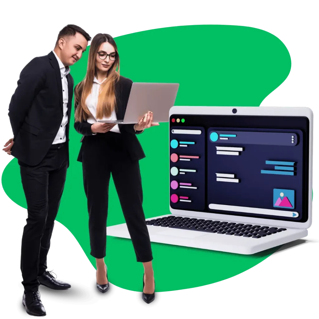 Business professionals reviewing custom interface designs on a laptop, highlighting our expertise in digital graphic design and user experience