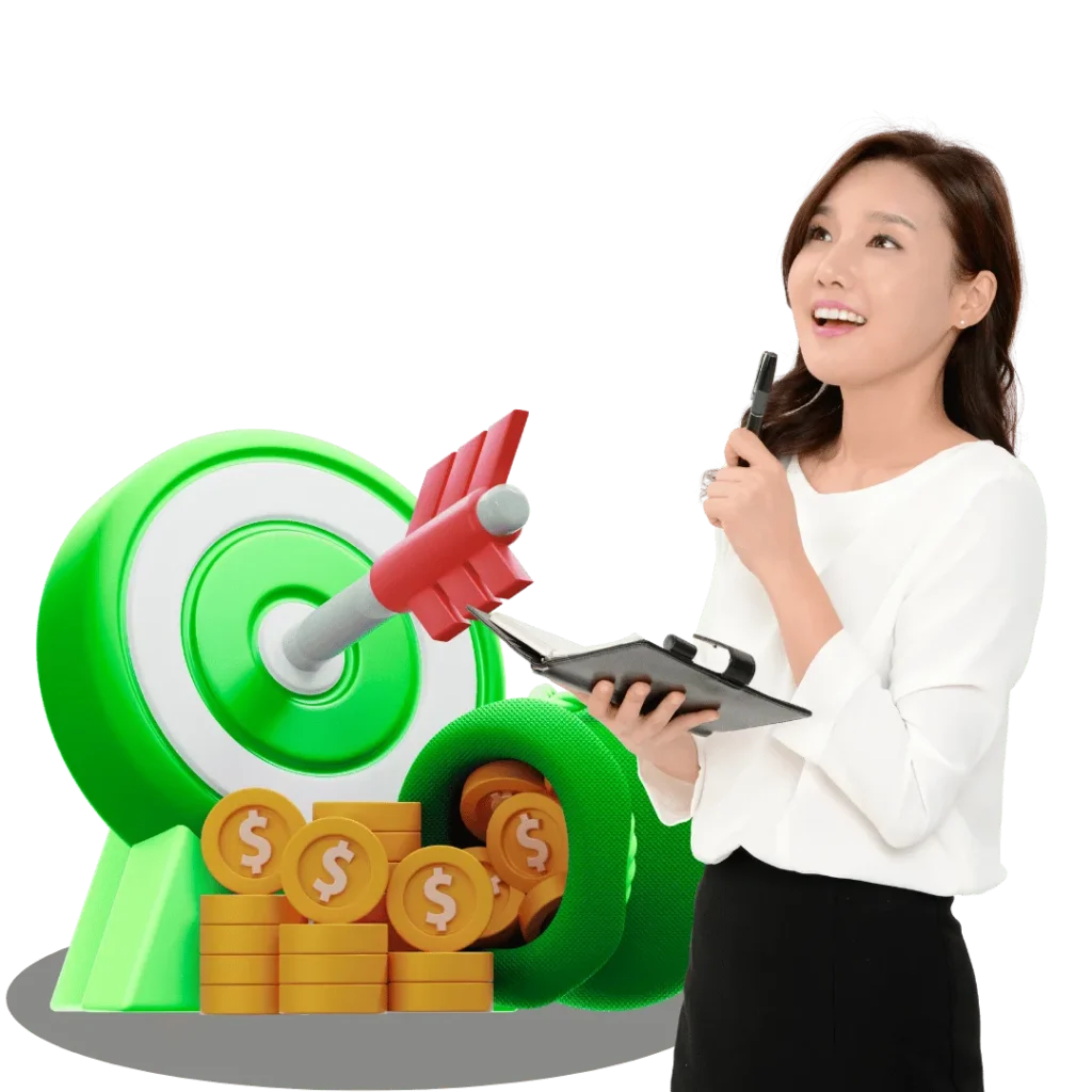 Professional woman planning Google Ads strategy, with a target hit by a dart and coins, representing goal achievement and increased profits