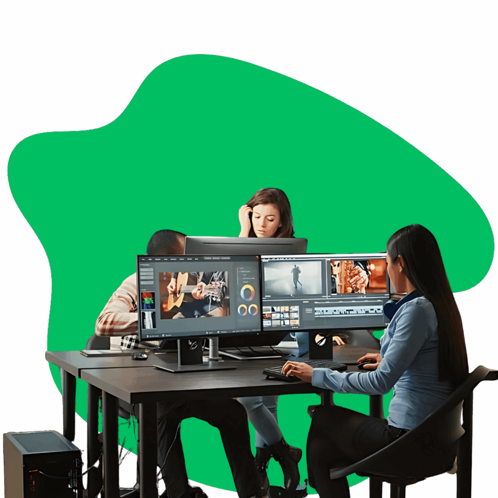 Video editors working on multiple screens, illustrating collaborative and advanced video editing services.