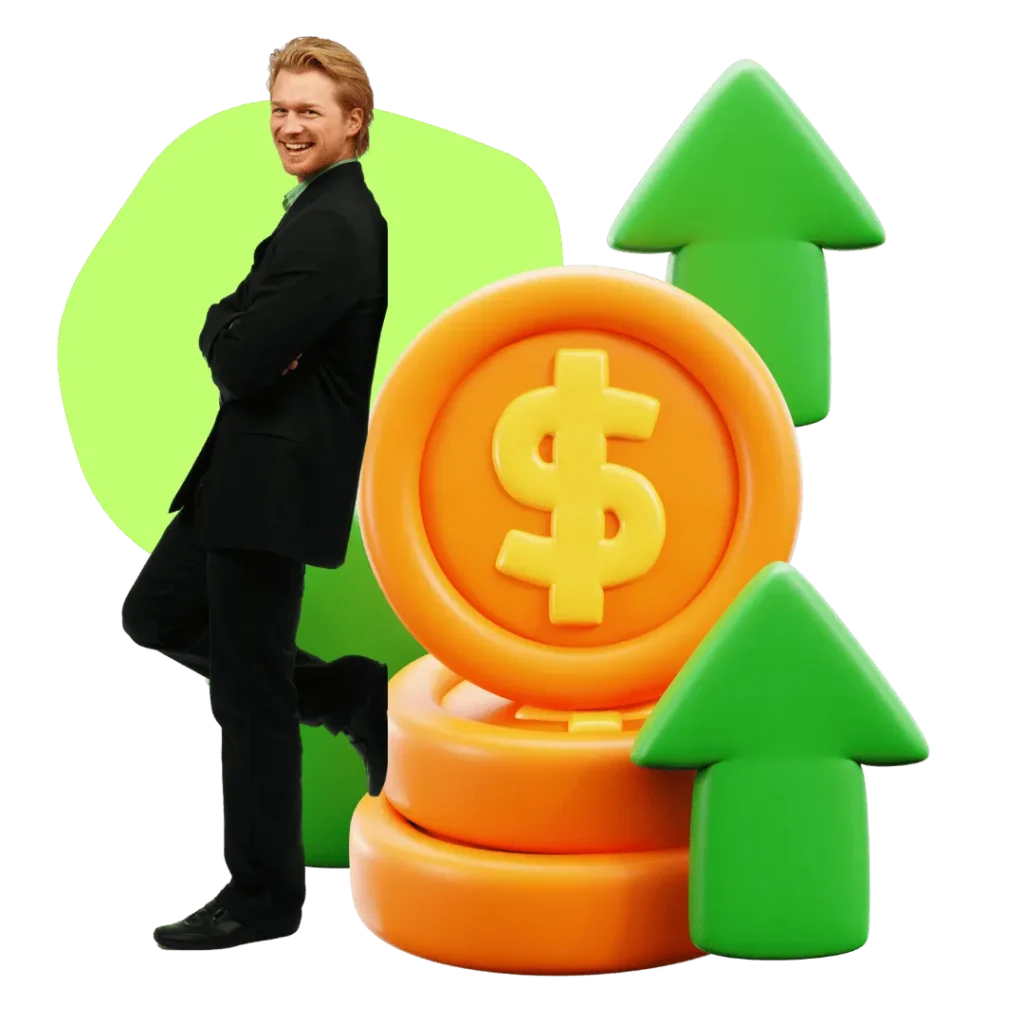 A smiling businessman in a suit stands confidently beside a stack of golden dollar coins and large green upward-pointing arrows, all set against a black background with a stylized green shape.