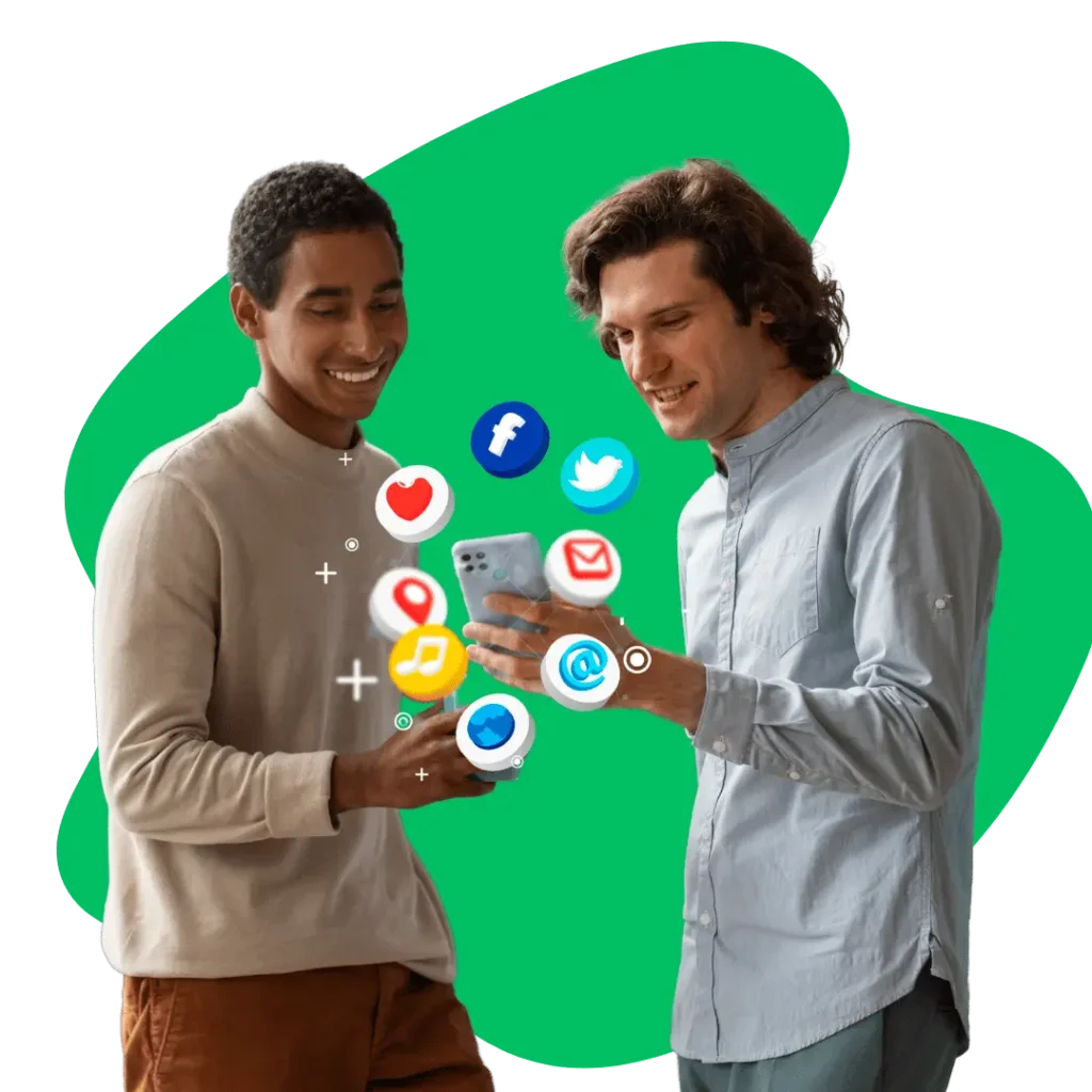 wo men collaborating on social media with a phone, surrounded by app icons, symbolizing comprehensive social media management.