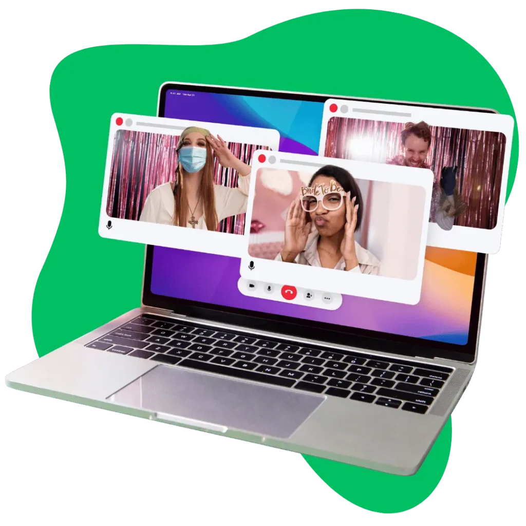 Laptop displaying multiple video call windows, representing remote video editing collaboration or virtual event editing.