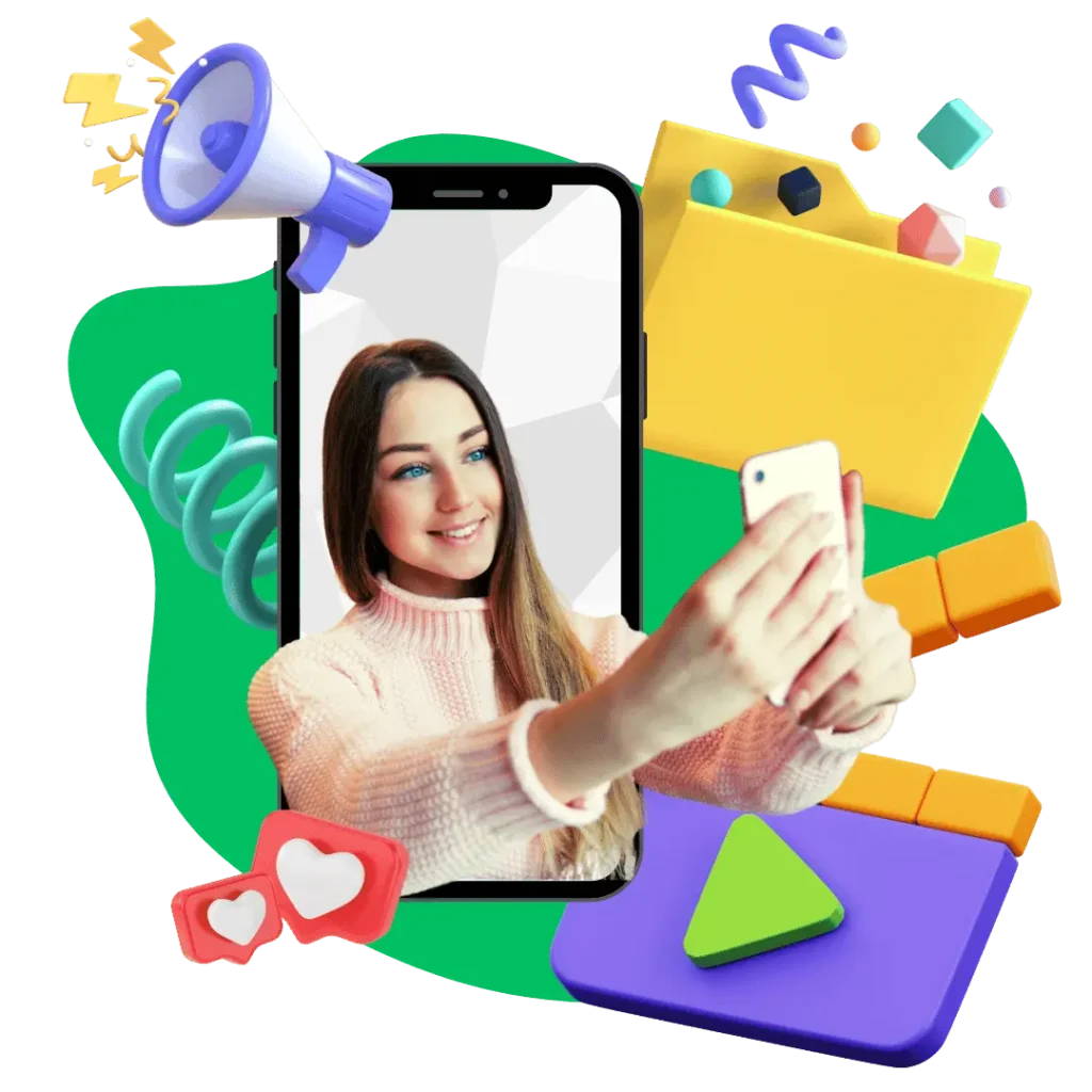 Woman taking selfie video on phone, surrounded by a megaphone, folders, and hearts