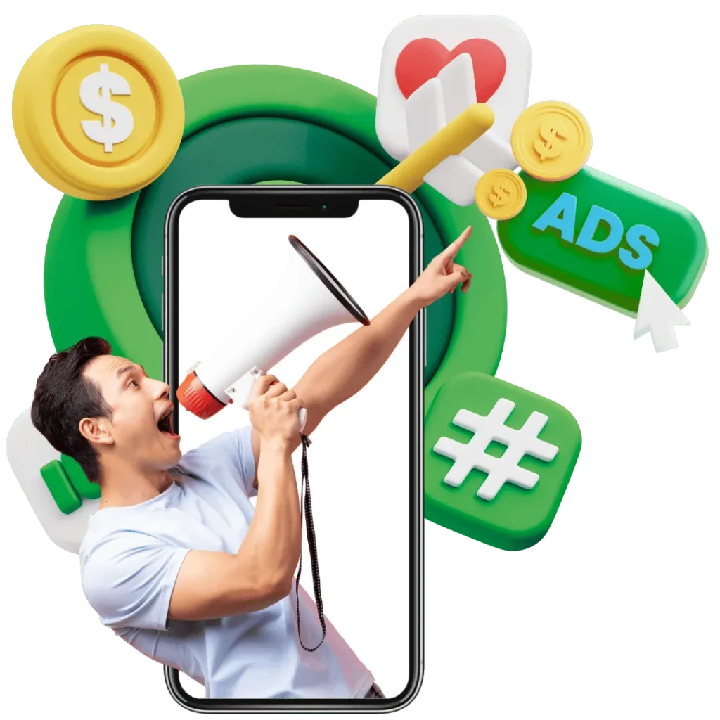 Man with megaphone emerging from phone, surrounded by dollar signs and ad icons, representing targeted programmatic advertising.