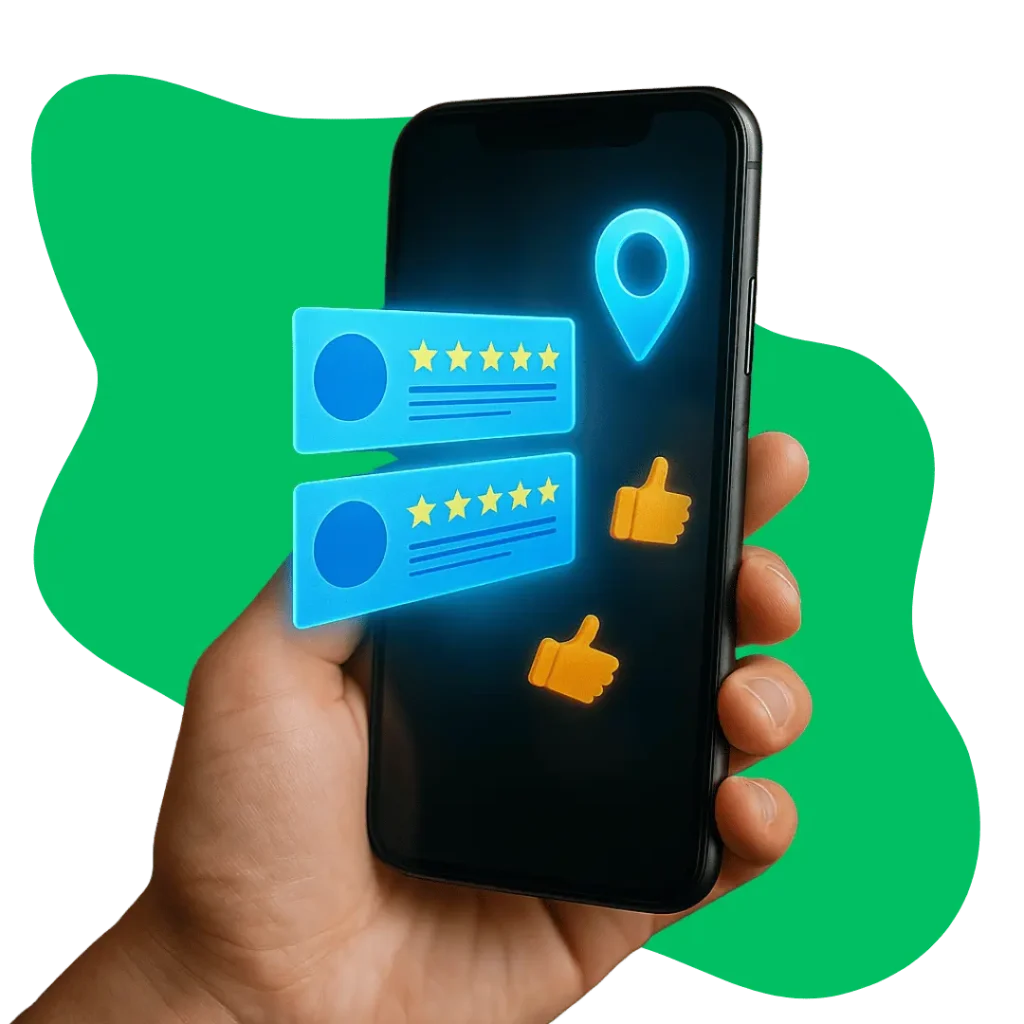 hand holding a smartphone that displays glowing five-star reviews and thumbs-up icons, symbolizing the positive results of Google Business Profile optimization services