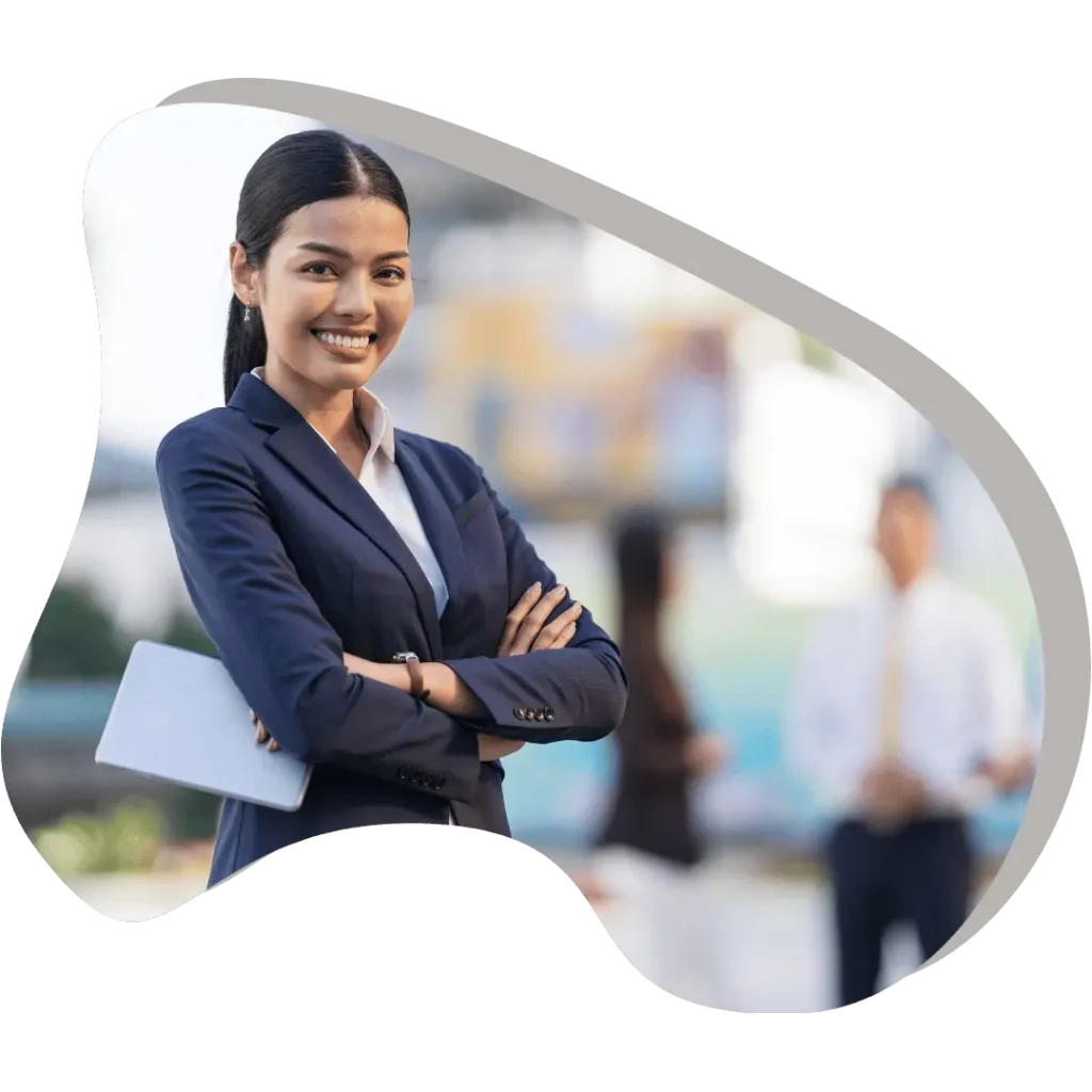 Confident woman smiling, symbolizing expert programmatic advertising solutions and professional service.