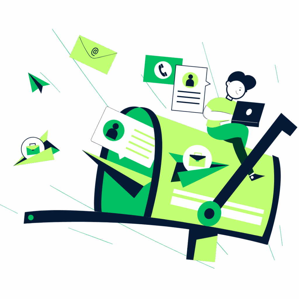 illustration of a person sitting on a large green mailbox, holding a laptop, surrounded by flying envelopes, contact icons, and paper airplanes