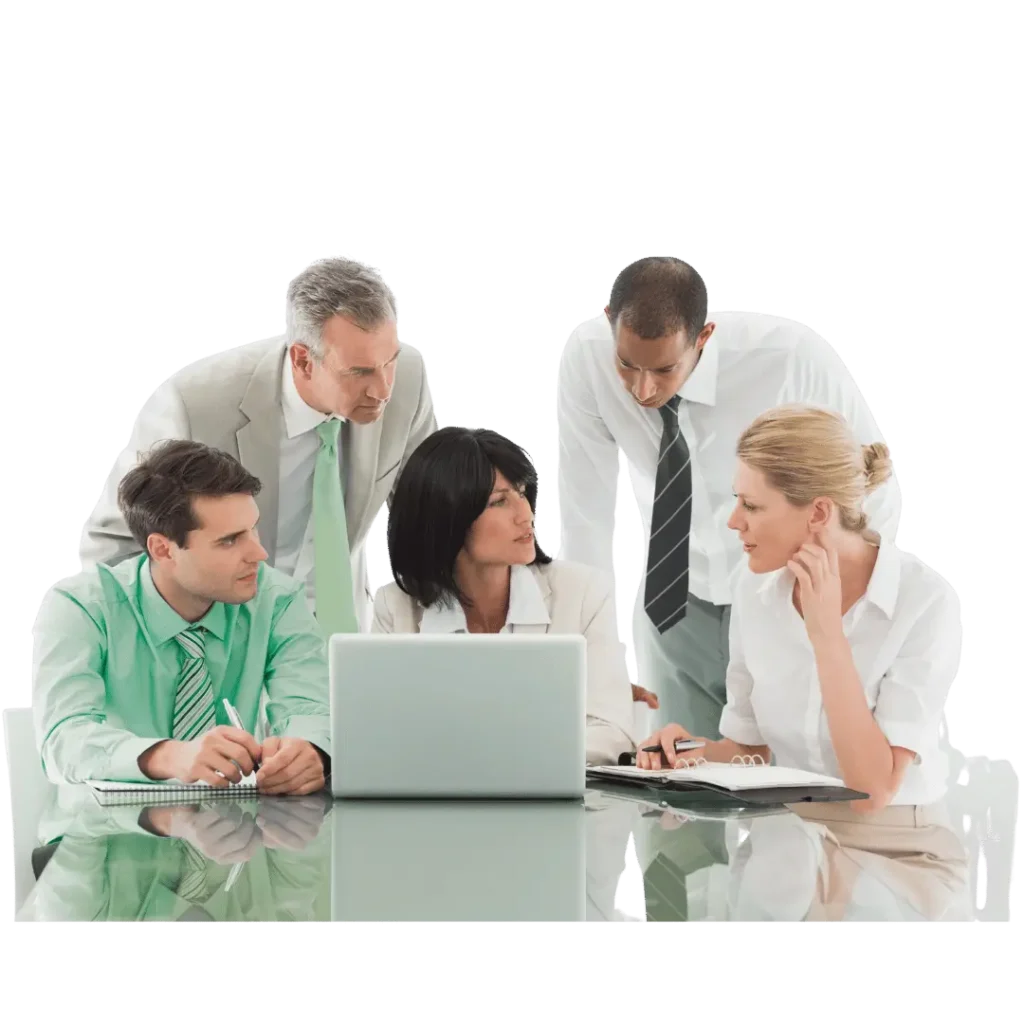 iverse group of five business professionals meeting around a laptop, discussing website management strategies.