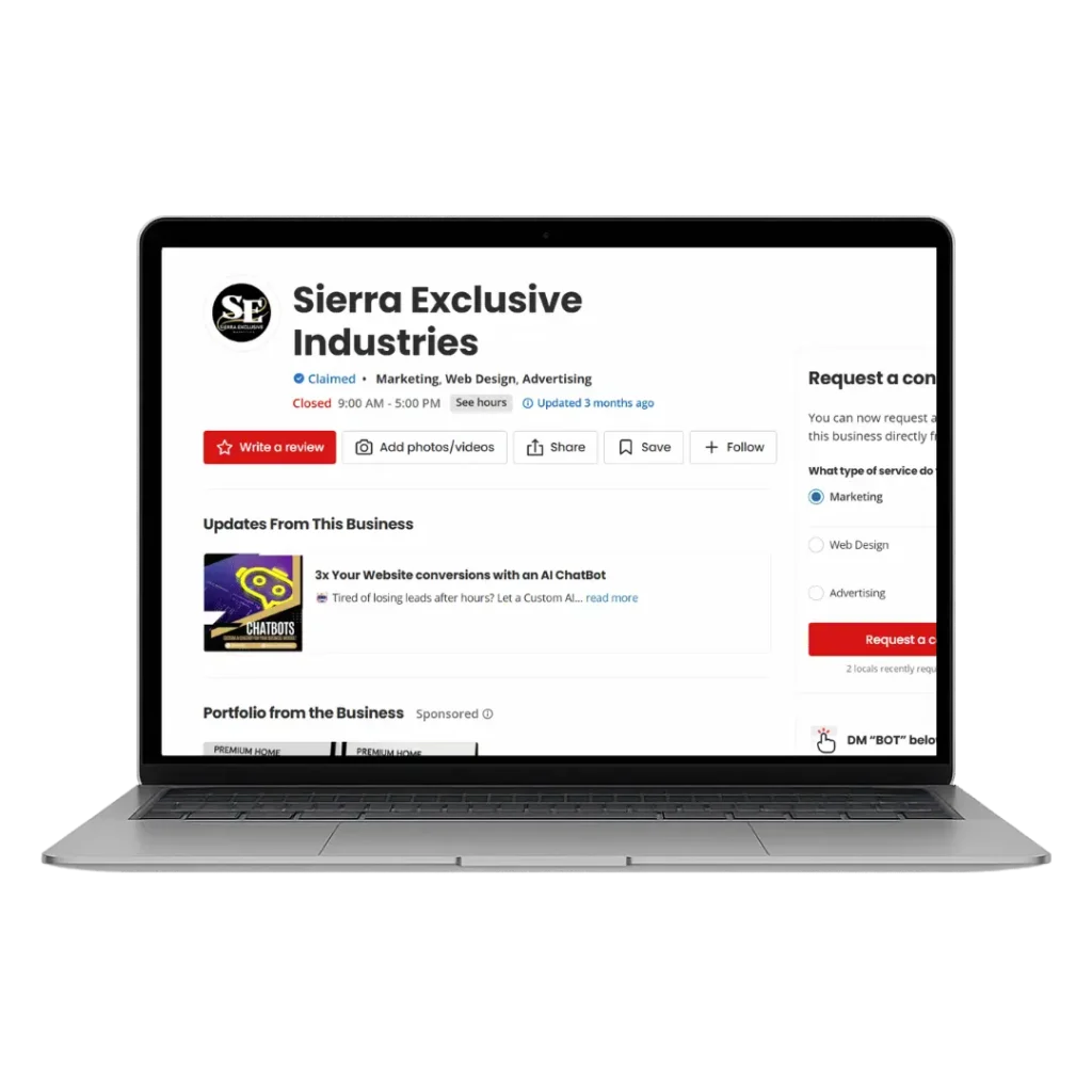 A laptop displaying an optimized 'Sierra Exclusive Industries' Yelp Profile, showing business information, review options, and recent updates