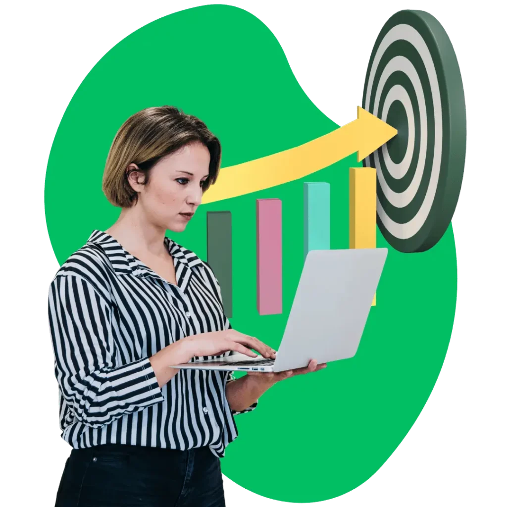 A focused woman with short hair works on a laptop, standing in front of a bar graph with an upward yellow arrow pointing to a bullseye targe