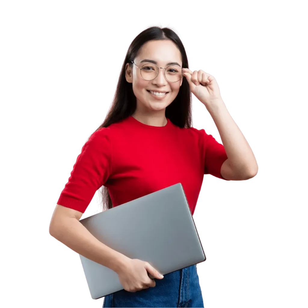 A smiling woman wearing glasses and holding a laptop, symbolizing a knowledgeable and friendly Google Business Profile expert
