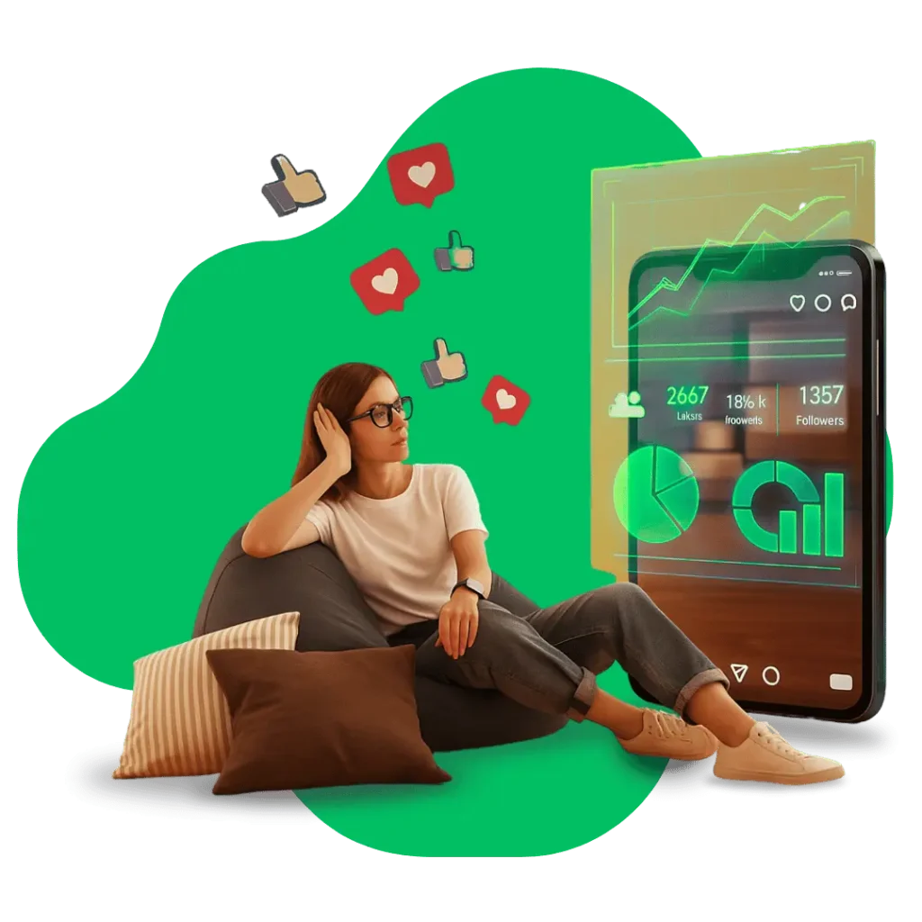 Woman relaxing while social media metrics (likes, followers) and growth charts display on a large phone