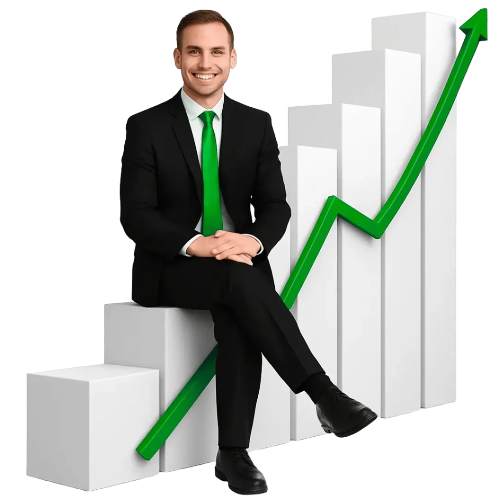 A smiling businessman in a suit and green tie sits confidently on a rising bar graph, with a large green upward arrow indicating business growth and financial success.