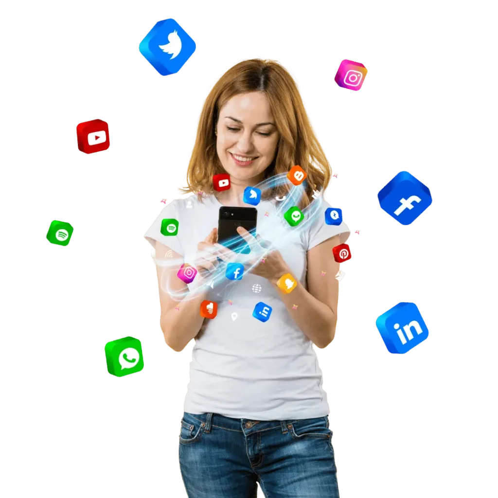 smiling woman happily engages with her smartphone, from which a vibrant stream of diverse 3D social media icons (Twitter, Instagram, YouTube, Facebook, LinkedIn, Pinterest, WhatsApp, Snapchat, Spotify, etc.)