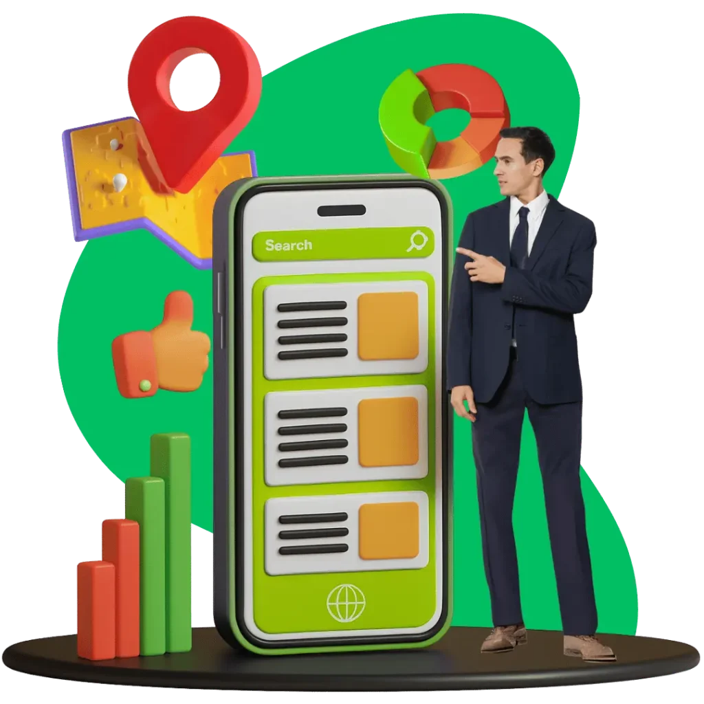 Business professional pointing at a smartphone showing local service search results, surrounded by a map pin, thumbs-up icon, and performance charts,