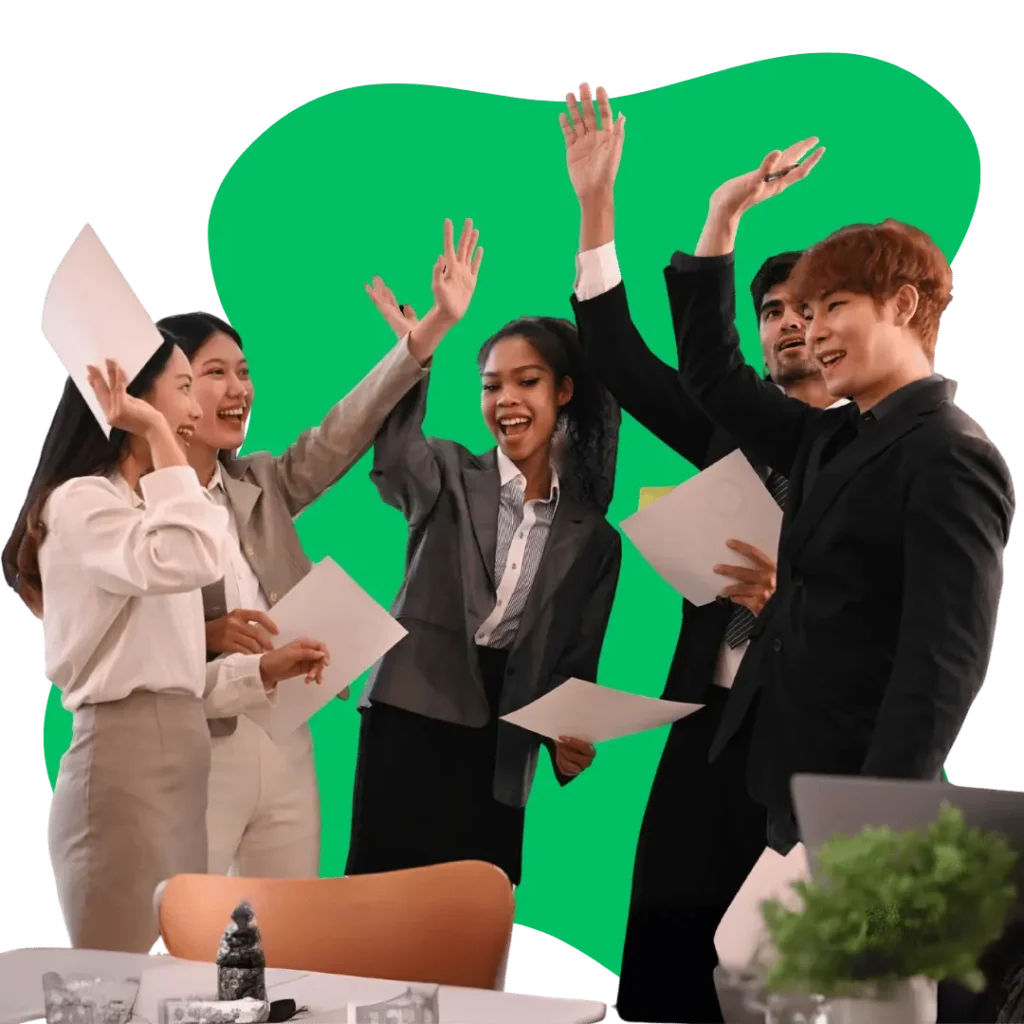 Diverse team members joyfully celebrating a successful outcome, symbolizing excellent service and happy clients.