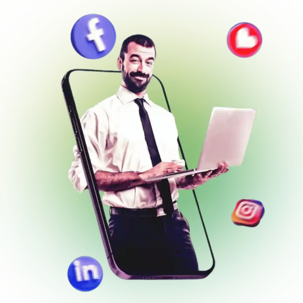 Professional managing social media ads on a laptop, surrounded by Facebook, Instagram, and LinkedIn icons, representing Meta Ads expertise.