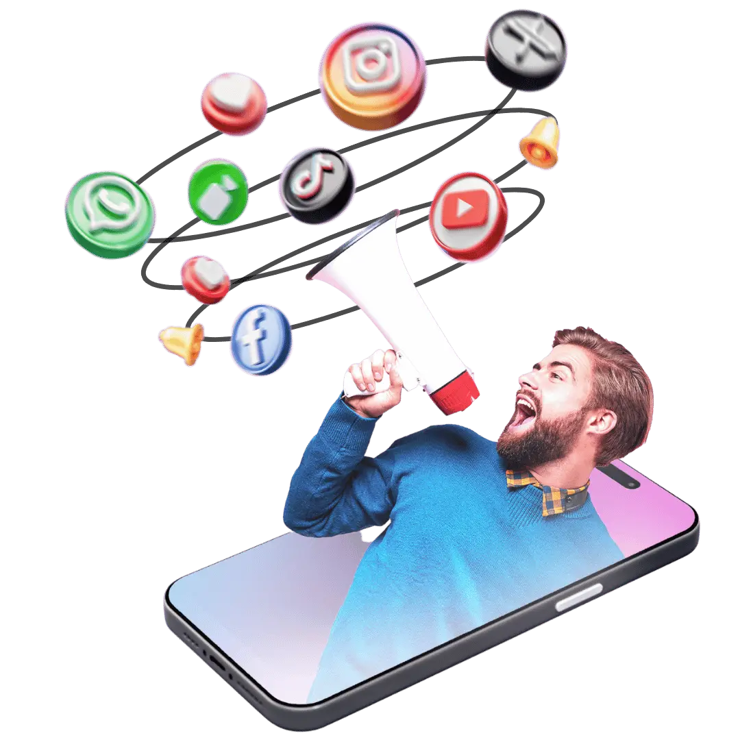 Man shouting into megaphone from phone, connected to various social media icons
