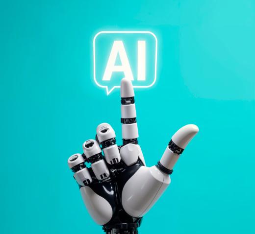 robot finger poiting at a an AI text for AI powered marketing