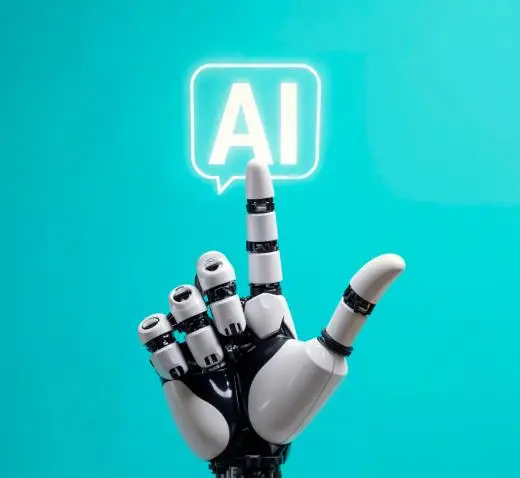 robot finger poiting at a an AI text for AI powered marketing