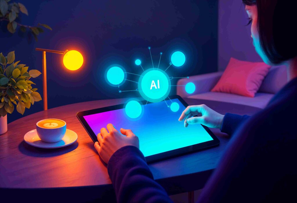 an ai seo agency employee working on her tab