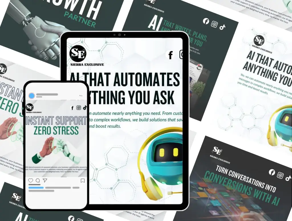 Digital devices showcasing Sierra Exclusive Industries' graphic design services, featuring AI automation themes, branding elements, and social media engagement strategies.