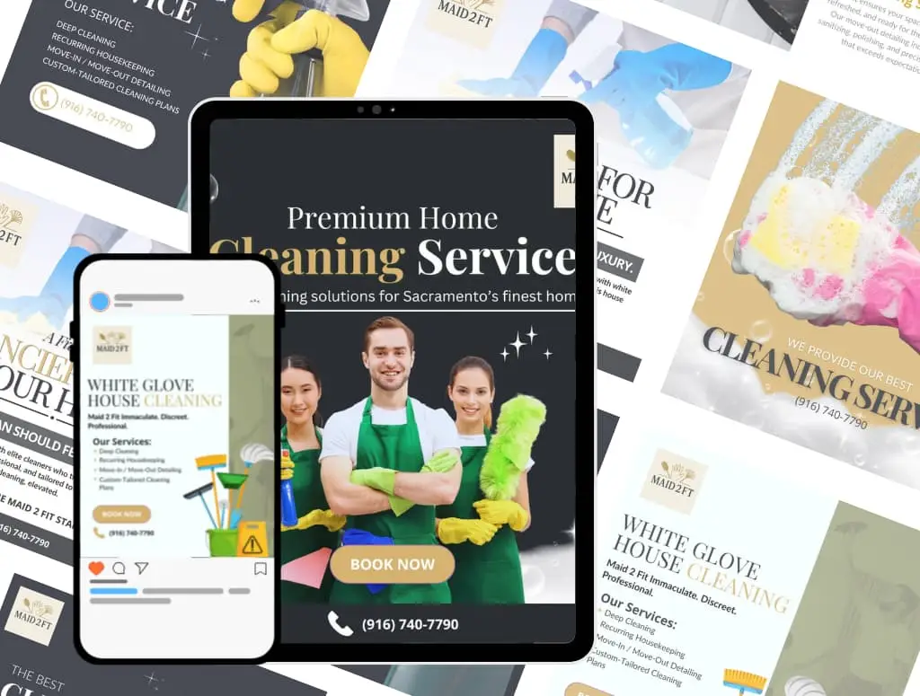 Graphic design mockup featuring a tablet and smartphone displaying cleaning service advertisements, highlighting "Premium Home Cleaning Service" and "White Glove House Cleaning," with service details and contact information for Maid2Fit, emphasizing brand visibility and engagement on social media.