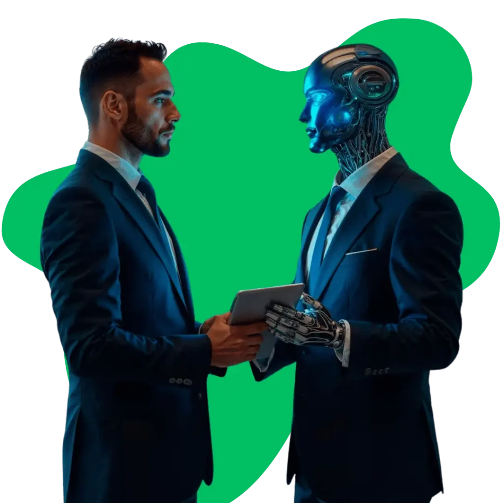 A man in a suit shakes hands with a humanoid robot also in a suit, symbolizing the integration of an AI receptionist for small business operations.