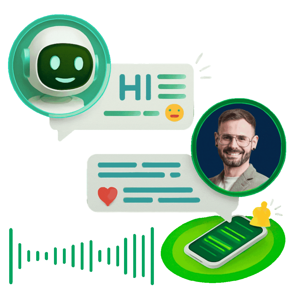 A friendly AI robot icon in a chat bubble converses with a human profile picture, with a phone and a sound wave graphic below