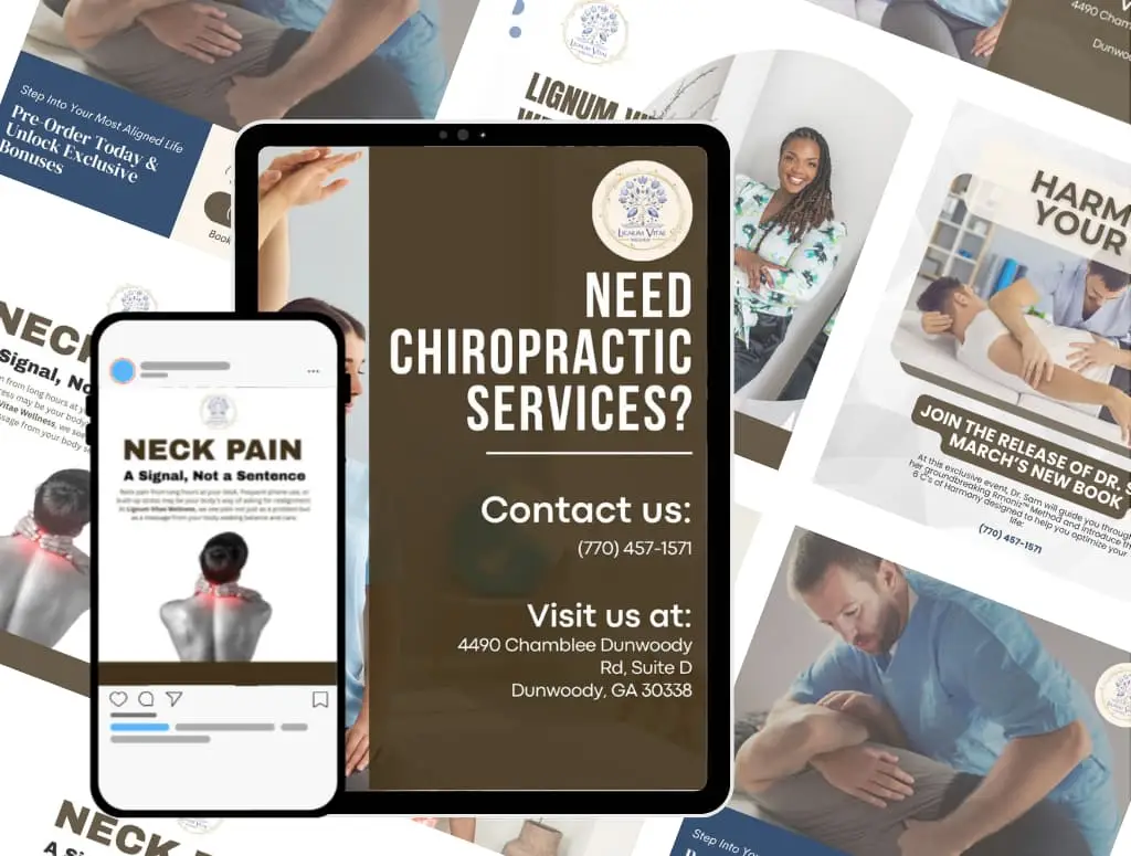 Chiropractic marketing materials featuring contact information, promotional messages, and visuals of chiropractic services aimed at addressing neck pain and enhancing patient engagement.
