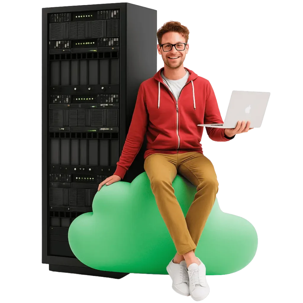 smiling IT professional sits on a cloud-shaped cushion next to a tall server rack while holding a laptop, representing our dedicated support for web hosting
