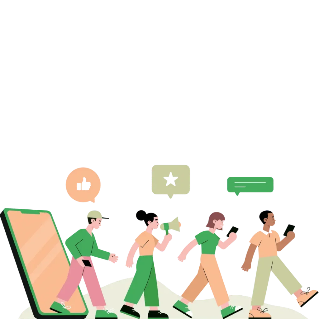 group of people walking out of a smartphone, one holding a megaphone and another holding a phone, with social icons like a thumbs-up and a star floating around them